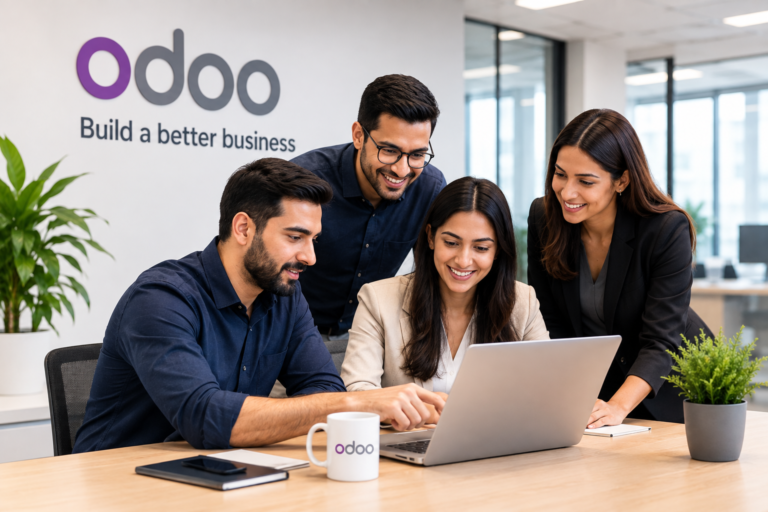 Odoo ERP team collaborating on business solutions