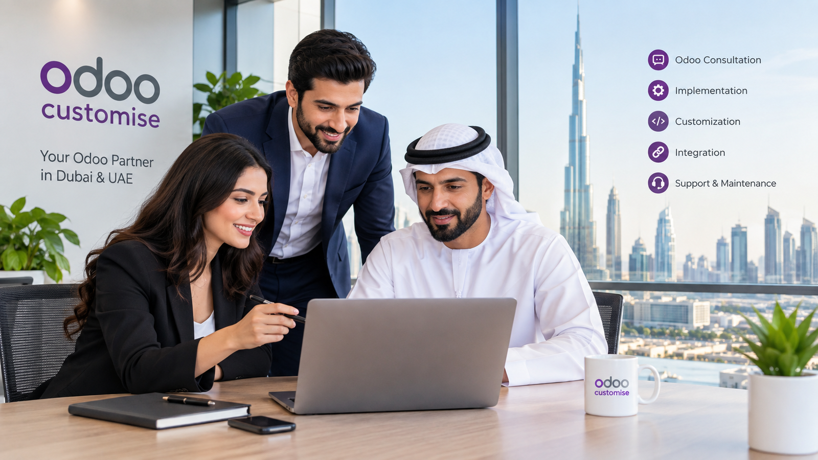 OdooCustomise team discussing Odoo ERP solutions in a Dubai office