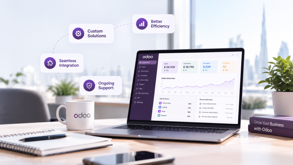 Odoo ERP dashboard showing customization, business efficiency, integration and support