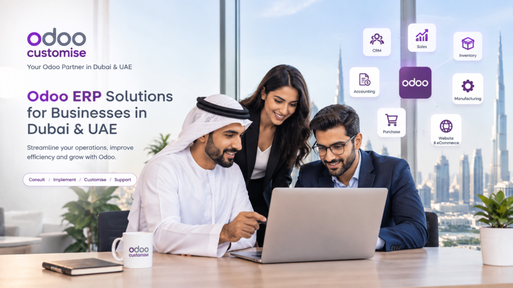 Odoo ERP solutions for businesses in Dubai and the UAE, with professionals collaborating on a laptop and Odoo business management features.